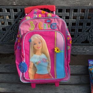 Barbie Pink Floral Rolling Backpack with Doll Image